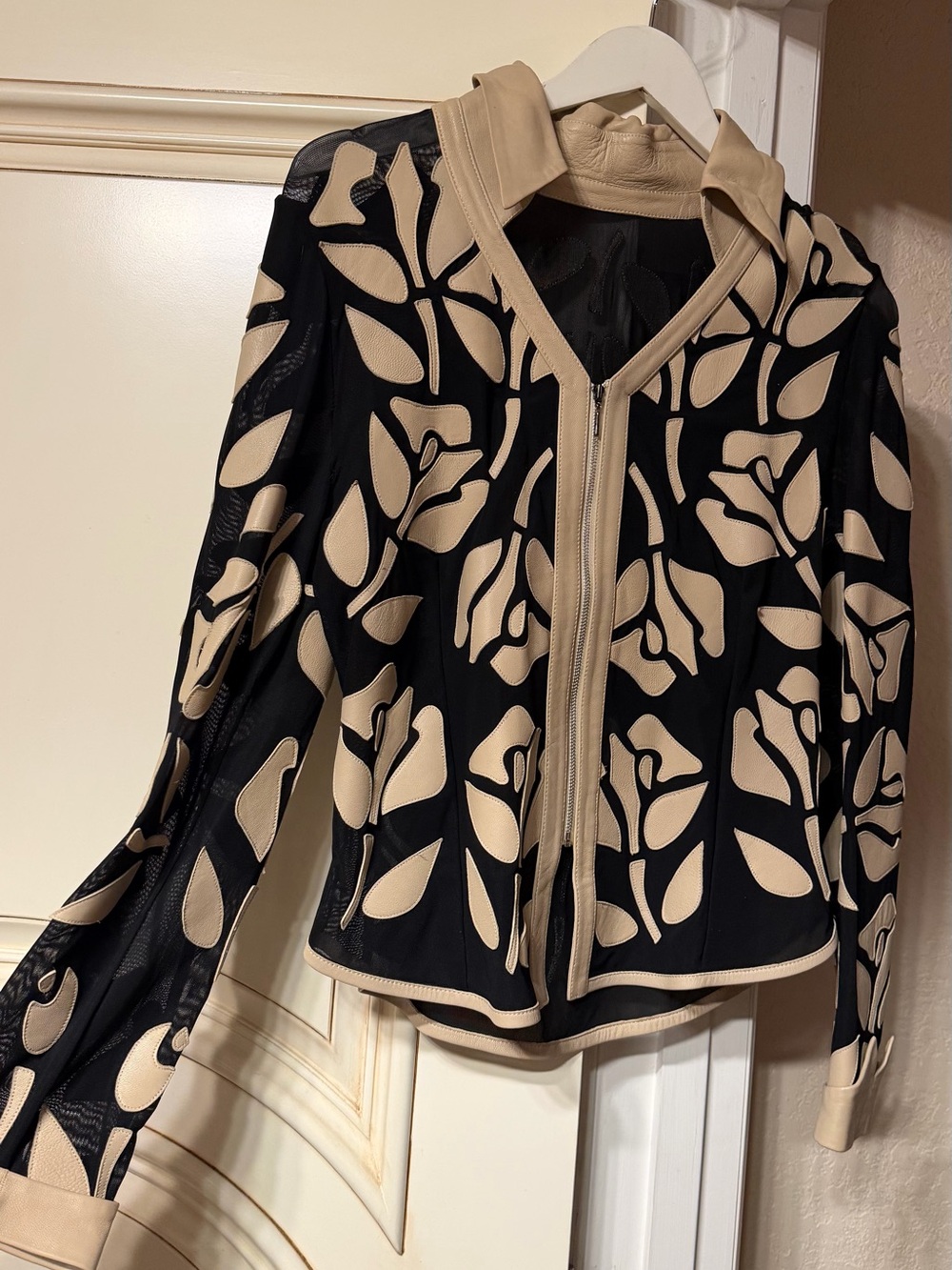 Women's Black and Beige Floral Zip-Front Leather Jacket